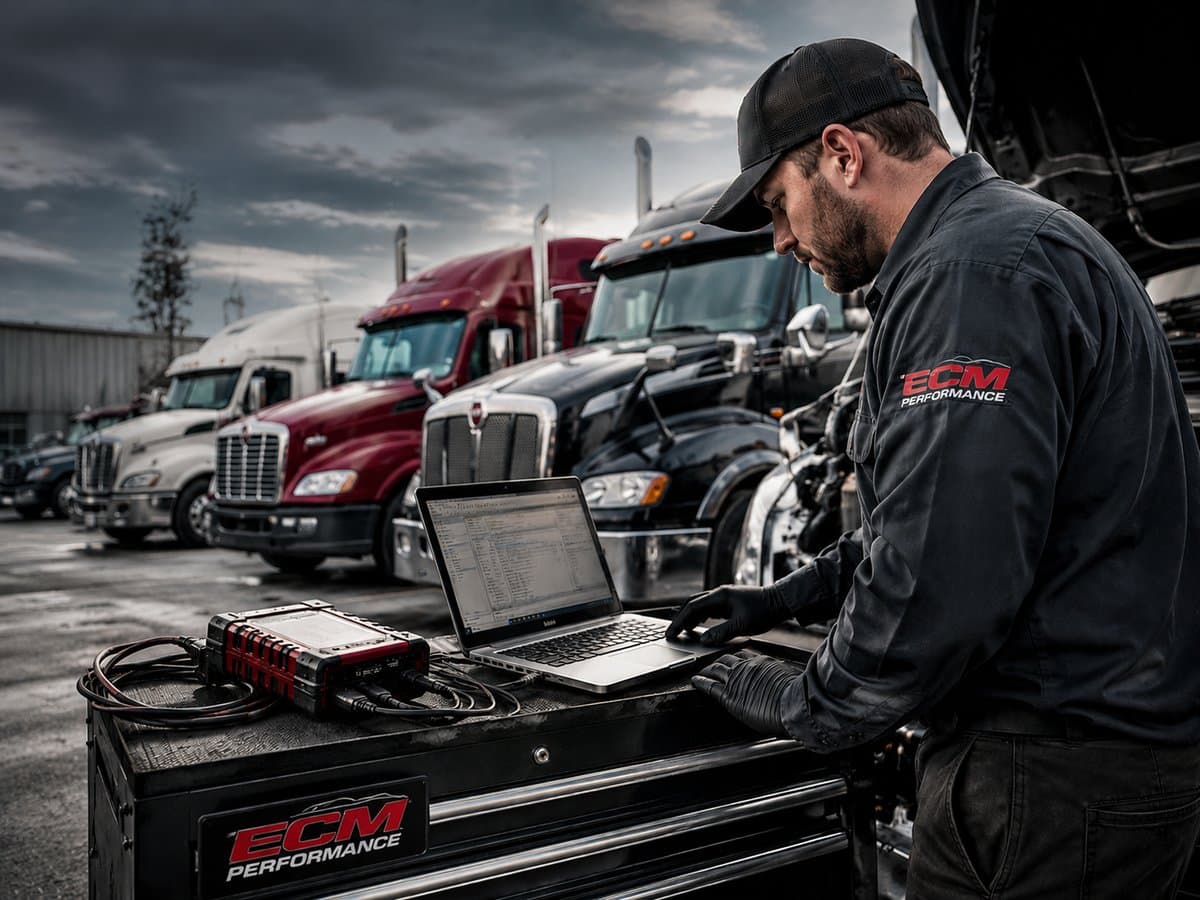 ECM Performance technician programming a fleet truck ECM with diagnostic laptop and J1939 interface